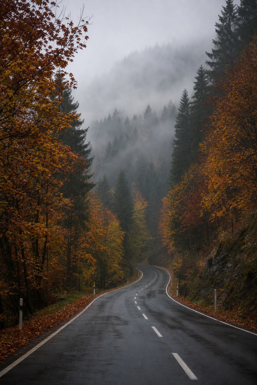 Herbstliche Schwarzwaldstraße im Nebel