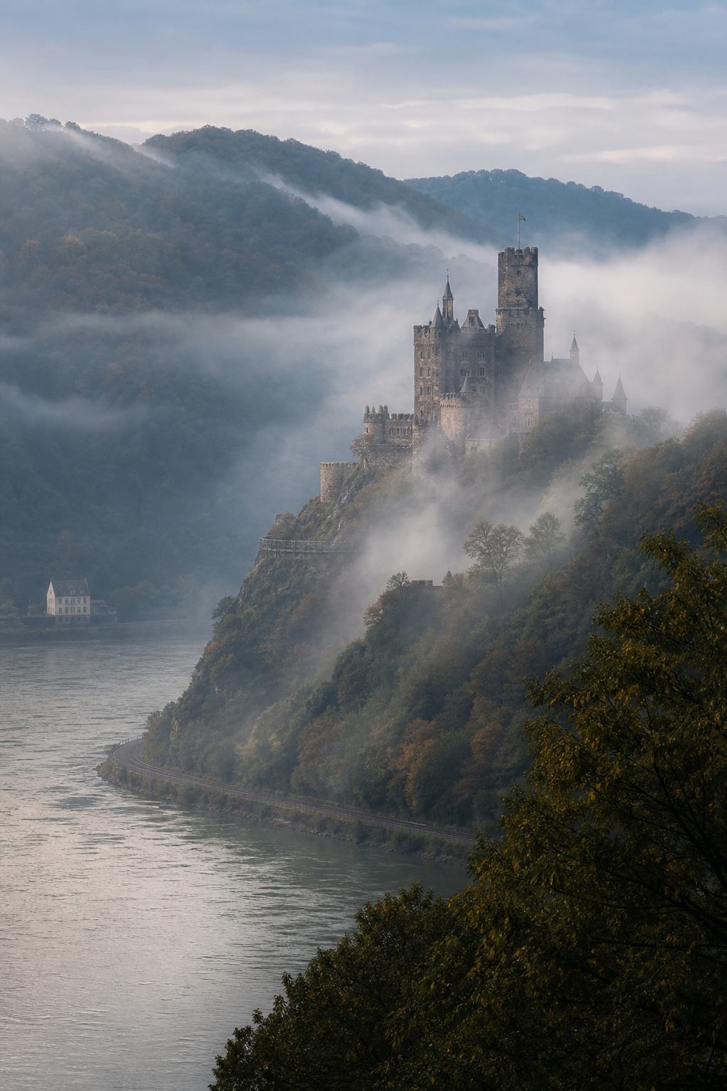 Mittelrhein mit Burgen und silbernem Fluss im Nebel